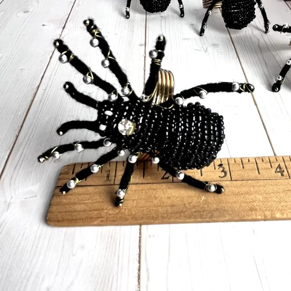 Set of 4 Black Widow Spider Beaded Napkin Rings Rhinestone Gold Halloween Glam
